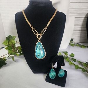 Gold Chain Necklace with Acrylic Marble Pendant Earrings Set New